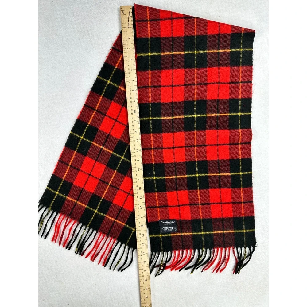 Christian Dior Monsieur Scarf Red Black Plaid Cashmaire Acrylic Vintage Japan